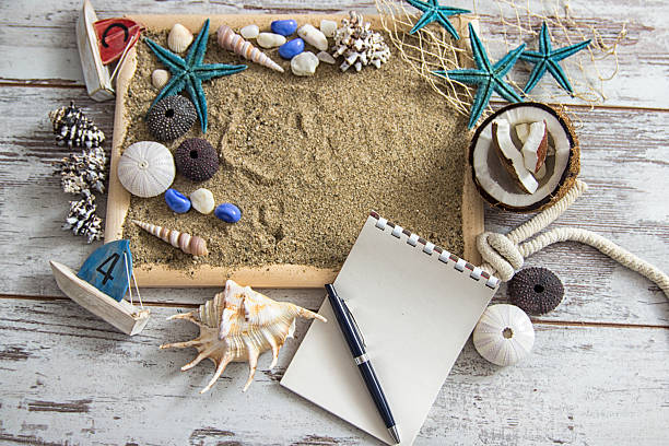 istock paper for notes with pen near seashells on sand background. 540375672