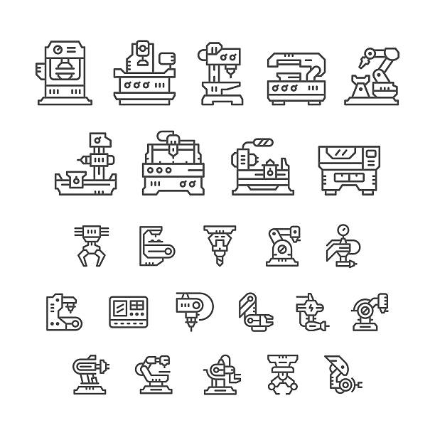 ilustraciones, imágenes clip art, dibujos animados e iconos de stock de conjunto de iconos de la máquina herramienta, robótica industria - hydraulic platform illustrations