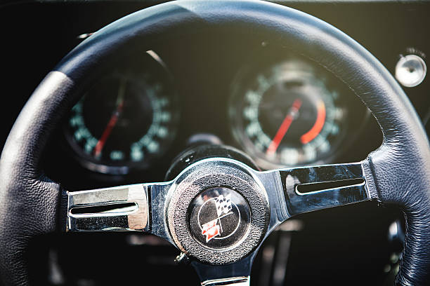 Benalmadena, Spain - June 21, 2015: Steering wheel detail of Chevrolet Corvette C3, in Benalmadena (Spain), on June 21, 2015.