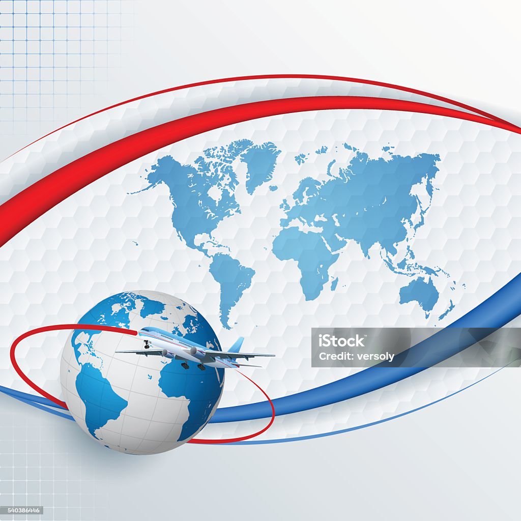 Around the world Abstract, design template for transport, travel with airliner surrounding Earth globe and World map backdrop; Map trace manually  from: http://www.lib.utexas.edu/maps/world.html and 3d revolved on a sphere for Earth globe Adventure stock vector