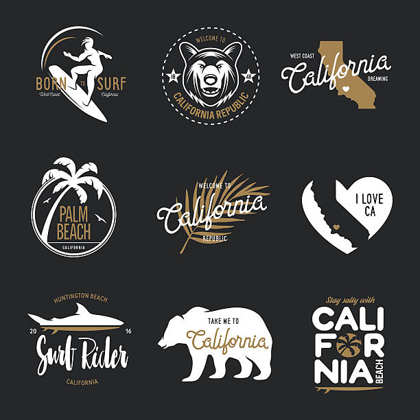 California related t-shirt vintage style graphics set. Labels, badges, emblems and design elements collection. Vector illustration.
