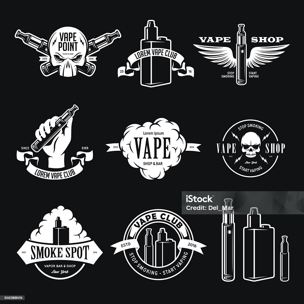 Set of vape, e-cigarette emblems, labels, prints and logos Set of vape, e-cigarette emblems, labels, prints and logos. Vector vintage illustration. Isolated on white background. Electronic Cigarette stock vector