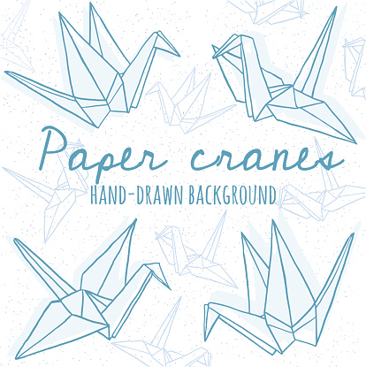 Hand drawn line paper crane set. Origami on white background