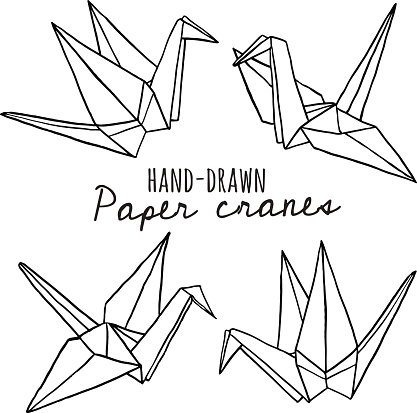 Hand drawn line paper crane set. Origami on white background