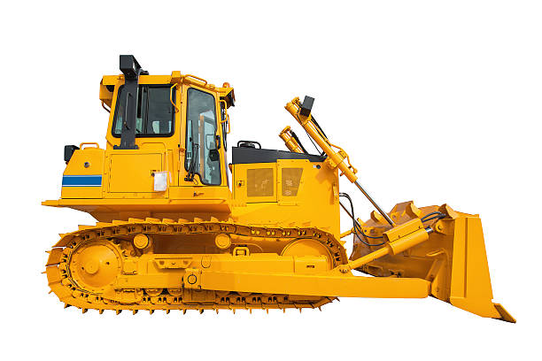 new modern loader or bulldozer - excavator isolated on white - wheel tractor scraper imagens e fotografias de stock