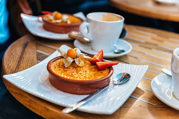creme brulee and coffee on bistro table in Paris
