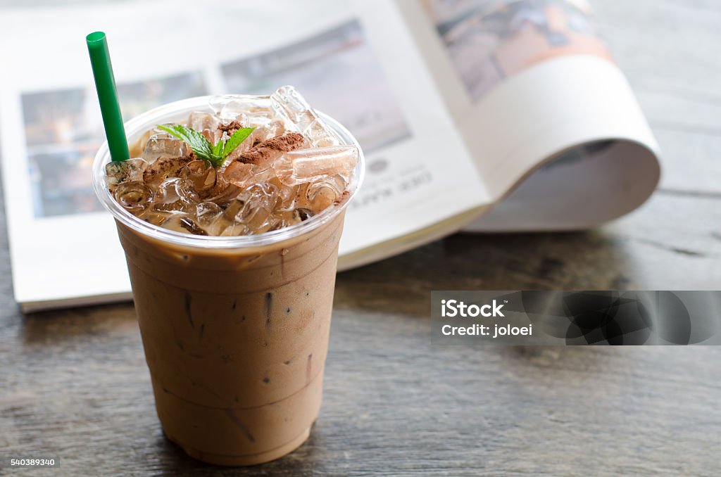 Ice peppermint mocha on wooden table Peppermint Stock Photo