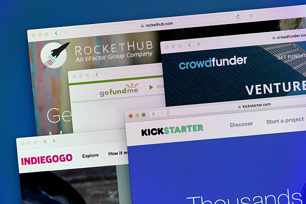 Crowdfunding Websites Istanbul,Turkey - June 7, 2016: Websites ( homepage) of leading crowdfunding platforms in the world-Kickstarter, Indiegogo, RocketHub, Crowdfunder and GoFundMe on a computer screen homepage photos stock pictures, royalty-free photos & images