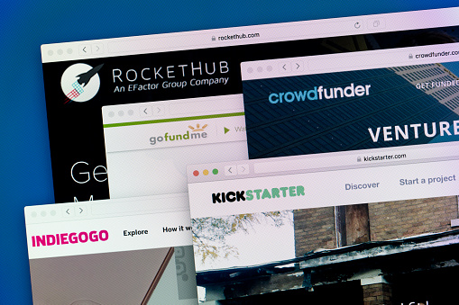 Istanbul,Turkey - June 7, 2016: Websites ( homepage) of leading crowdfunding platforms in the world-Kickstarter, Indiegogo, RocketHub, Crowdfunder and GoFundMe on a computer screen