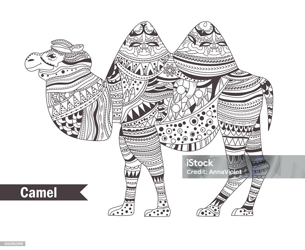 Camel. coloring book Camel. coloring book for adult, antistress coloring pages. Hand drawn vector isolated illustration on white background. Henna mehendi, tattoo sketch Abstract stock vector