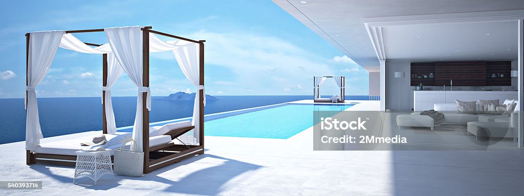 luxury swimming pool in santorini. 3d rendering A luxury swimming pool in santorini. 3d rendering Santorini Stock Photo