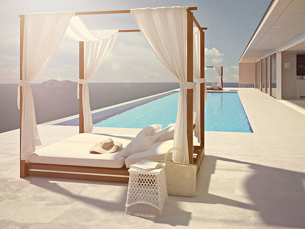 istock luxury swimming pool in santorini. color edit. 3d rendering 540393836