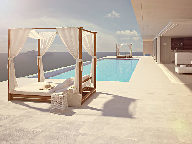 Interior design: Beautiful modern terrace lounge with pergola at sunset
