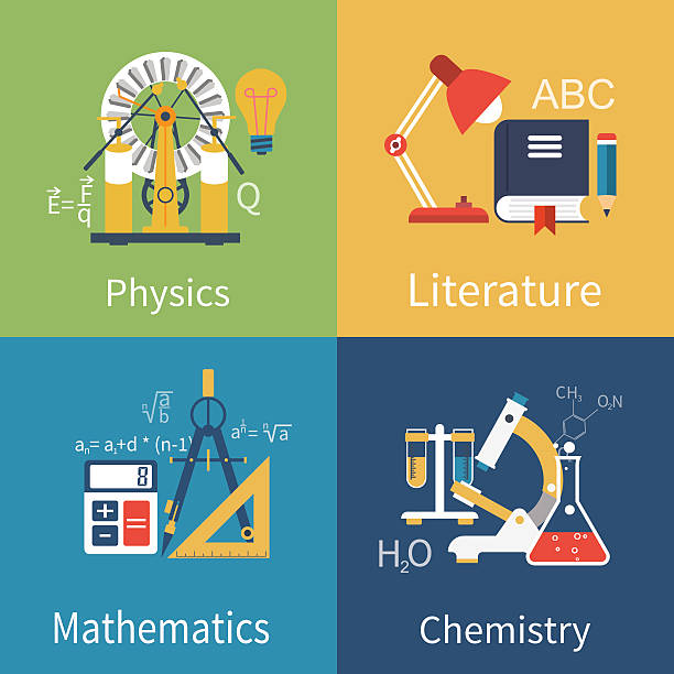 Physics, chemistry, math, literature Physics, chemistry, math, literature and equipment. Science concept. Flat icons, templates, education. Vector illustration. physics illustrations stock illustrations