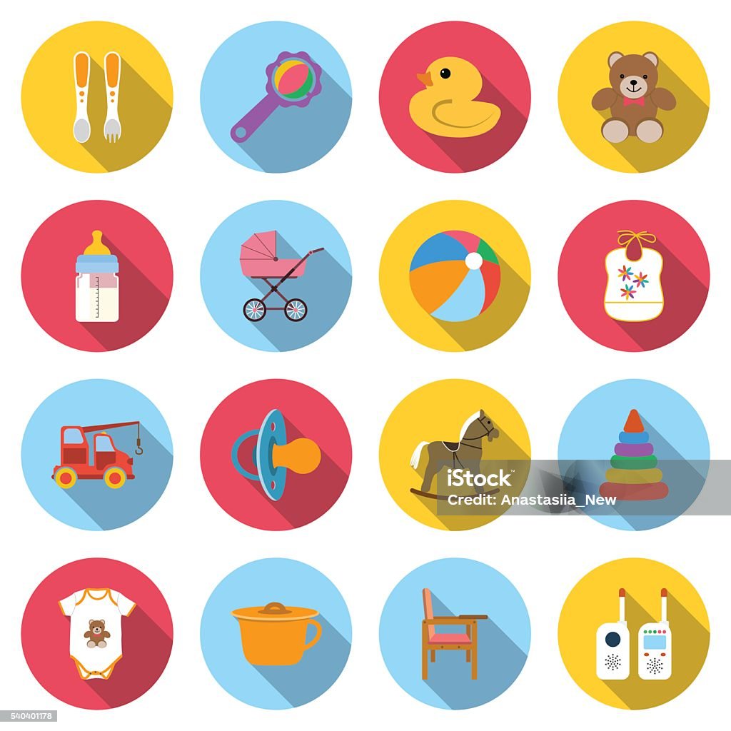 Set baby icons Baby icons. Set colored icons of toys and child care articles. Icons vector illustration in flat design with long shadow. Baby - Human Age stock vector