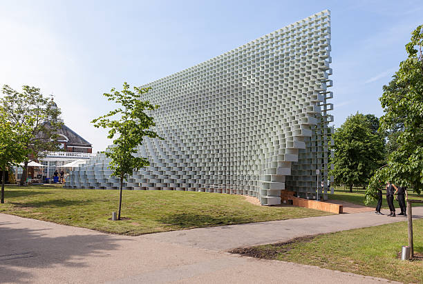 London, United Kingdom - June 9, 2016: The Serpentine Gallery summer pavilion is designed by Danish architects BIG (Bjarke Ingels Group) with a structure of hollow blocks in Kensington Gardens, London, UK.