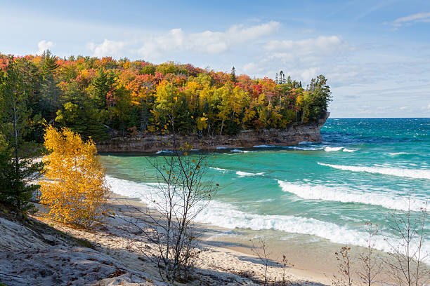 Lake Superior Chapel Beach in Autumn at Pictured Rocks stock photo