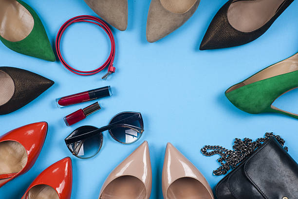 istock Women clothing set and accessories on light background. 540407072
