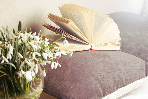 Open book on a pillow in bed. homeliness.