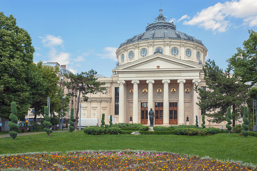 The Romanian Athenaeum, a concert hall and landmark in central Bucharest, built in 1888.