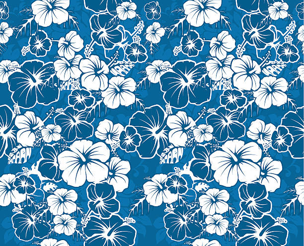 illustrazioni stock, clip art, cartoni animati e icone di tendenza di sfondo hawaiano floreale blu senza cuciture con fiori di ibisco - hawaiian culture hibiscus flower pattern