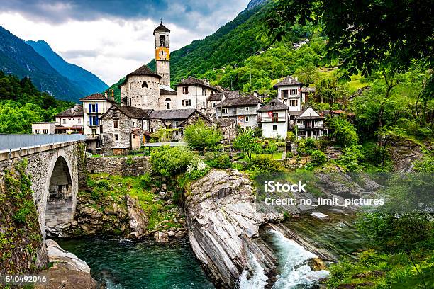Lavertezzo In Valley Verzasca In Switzerland Stock Photo - Download Image Now - Bridge - Built Structure, Built Structure, Church