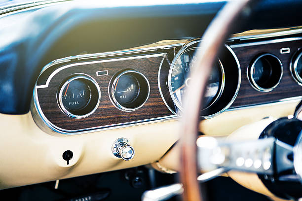 wooden steering wheel and dashboard interior of a vintage automobile