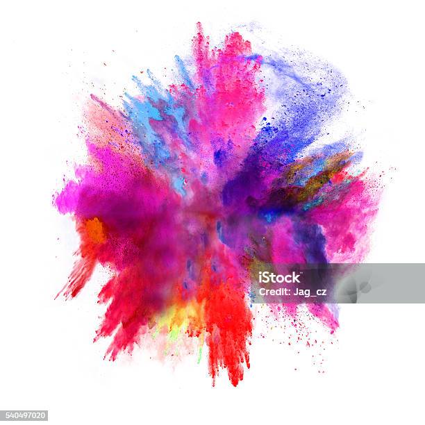 Explosion Of Colored Powder On White Background Stock Photo - Download Image Now - Exploding, Color Image, White Background