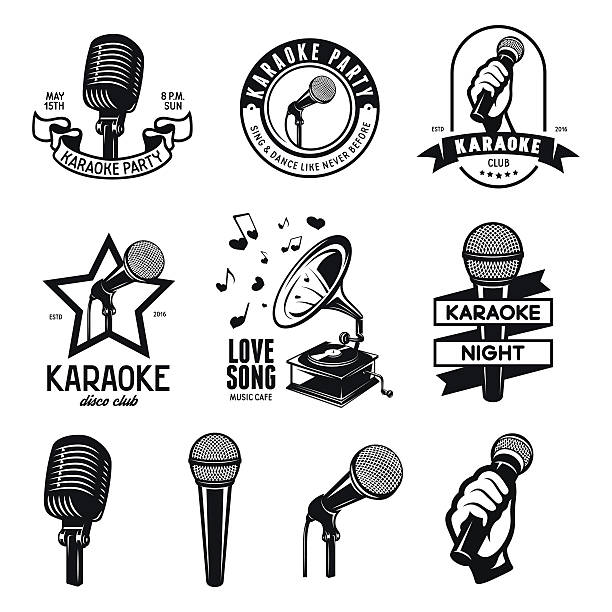 ilustraciones, imágenes clip art, dibujos animados e iconos de stock de conjunto de karaoke con vintage etiquetas, señales y elementos de diseño - microphone
