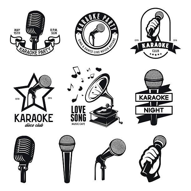 illustrazioni stock, clip art, cartoni animati e icone di tendenza di gruppo di karaoke relative vintage etichette, distintivi ed elementi di progettazione - microphone retro revival old fashioned isolated