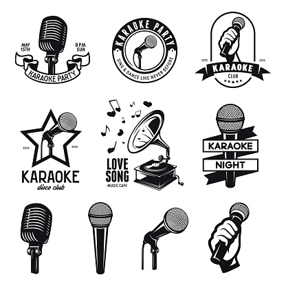 Set of karaoke related vintage labels, badges and design elements. Karaoke club emblems. Microphones isolated on white background. Vector illustration.