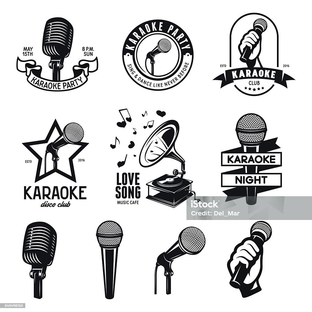 Set of karaoke related vintage labels, badges and design elements Set of karaoke related vintage labels, badges and design elements. Karaoke club emblems. Microphones isolated on white background. Vector illustration. Microphone stock vector