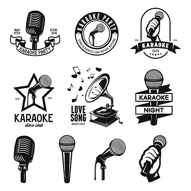 Vector illustration of Set of karaoke related vintage labels, badges and design elements