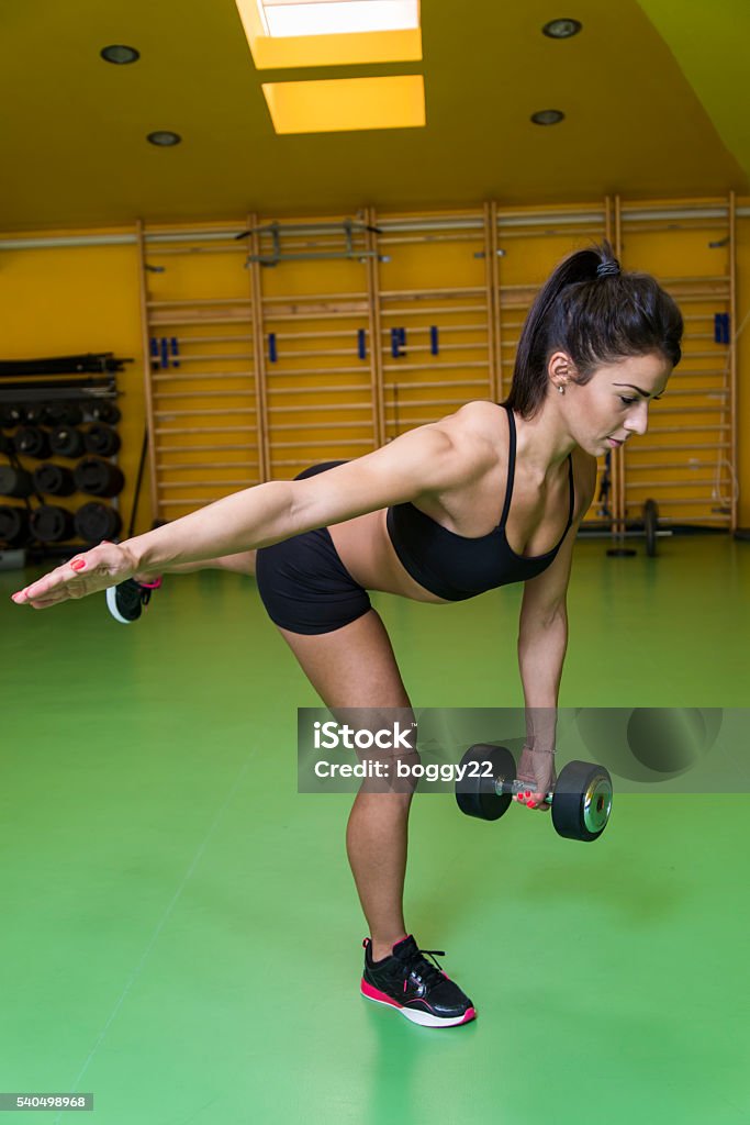 Pretty young woman training with dumbbels Pretty young woman training with dumbbels in gym Active Lifestyle Stock Photo