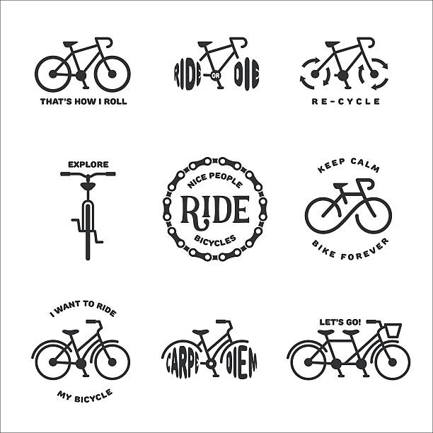 велосипед, набор текста. векторные винтажные иллюстрации. - bicycle wheel stock illustrations