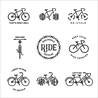 Bicycle related typography set. Motivational quotes about cycling. Minimalistic style design elements for posters, prints and decoration. Vector vintage illustration.