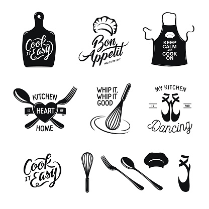 Kitchen related typography set. Quotes about cooking. Cook it easy. Bon appetit. Whip it good. My kitchen is for dancing. Vintage vector illustration.
