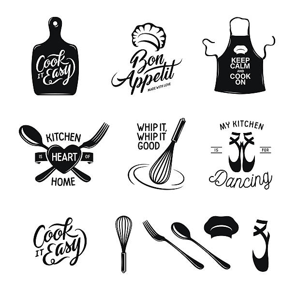 Kitchen related typography set. Quotes about cooking. Vintage vector illustration. Kitchen related typography set. Quotes about cooking. Cook it easy. Bon appetit. Whip it good. My kitchen is for dancing. Vintage vector illustration. cooking utensil domestic kitchen kitchen utensil chef stock illustrations