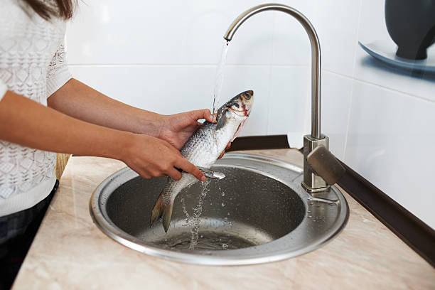 girl scale fish in the sink stock photo