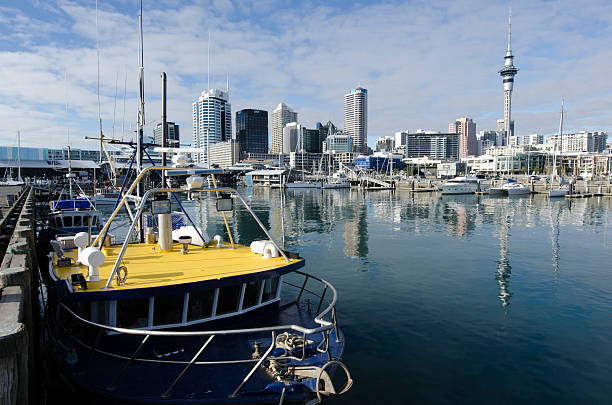 Auckland Viaduct Harbor Basin Auckland, New Zealand - June 02, 2013: Fishing boat in Auckland Viaduct Harbor Basin on June 02, 2013. It's a former commercial harbor turned into a development of mostly upscale apartments, office space and restaurants. Waitemata Harbor stock pictures, royalty-free photos & images
