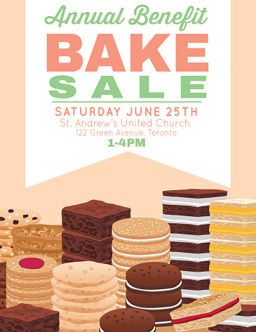Bake sale poster template. There are stacks of assorted cookies, brownies and bars. Includes space for text to add details about the event. Great for fundraisers and charity events. Speech bubble for text.