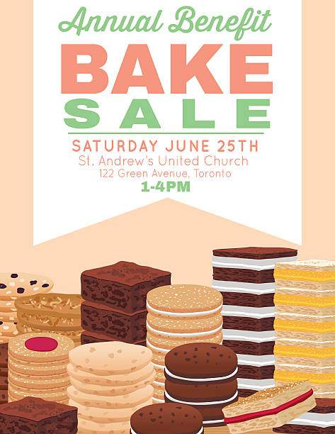 Bake sale poster template With Cookies Brownies and Bars Bake sale poster template. There are stacks of assorted cookies, brownies and bars. Includes space for text to add details about the event. Great for fundraisers and charity events. Speech bubble for text. chocolate chip cookie drawing stock illustrations