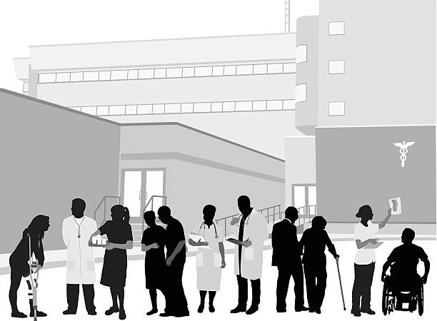 Hospital Staff And Patients A vector silhouette illustration of hospital staff and patients standing outside in front of a hospital building.  There is a woman on crutches, a doctor looking to the side, a nurse with a tray of medication, an elderly couple, a nurse and doctur with clipboard, another elderly couple where the woman has a cane, a female doctor holding up an x-ray and a man in a wheelchair. nurse silhouettes stock illustrations
