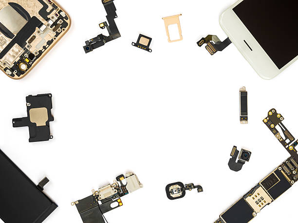 Flat Lay of smart phone components isolate Flat Lay (Top view) of smart phone components isolate on white background with copy space disassembling stock pictures, royalty-free photos & images