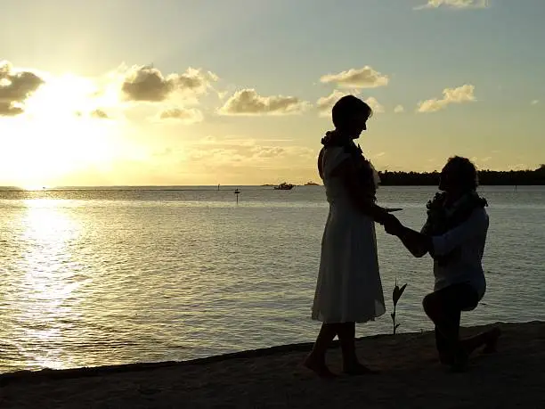 sunset couple shot on the beach at Nanuya Island resort, Fiji