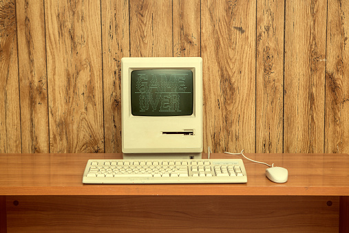 retro 1980s vintage computer with a monochrome screen