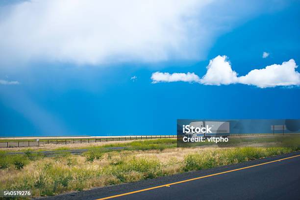 Semi Truck Trailer Moving Road With Awesome Landscape In California Stock Photo - Download Image Now