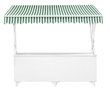 This is an empty white stand with green striped awning.