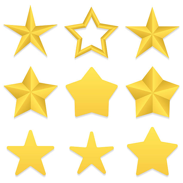 Five point stars collection Set of nine different golden five point stars. Four stars with rounded corners. One star with a hole. Vector, eps 10. acute angle stock illustrations