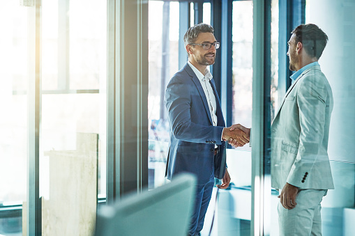 Shot of two businessmen shaking hands in an office
